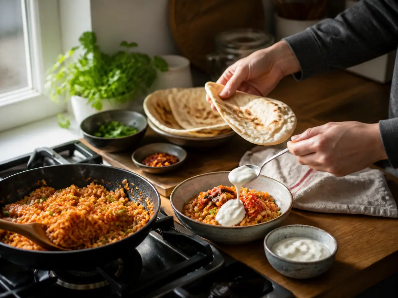 Hands stirring kimchi peas and vegetables in a hot frying pan