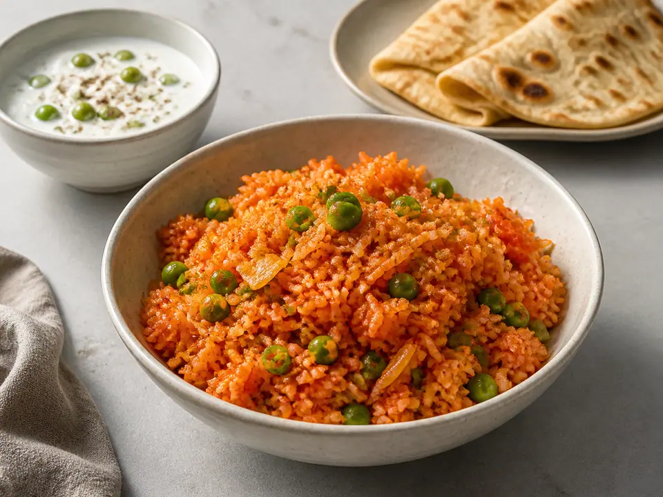 Kimchi fried rice with peas and cool sesame yogurt