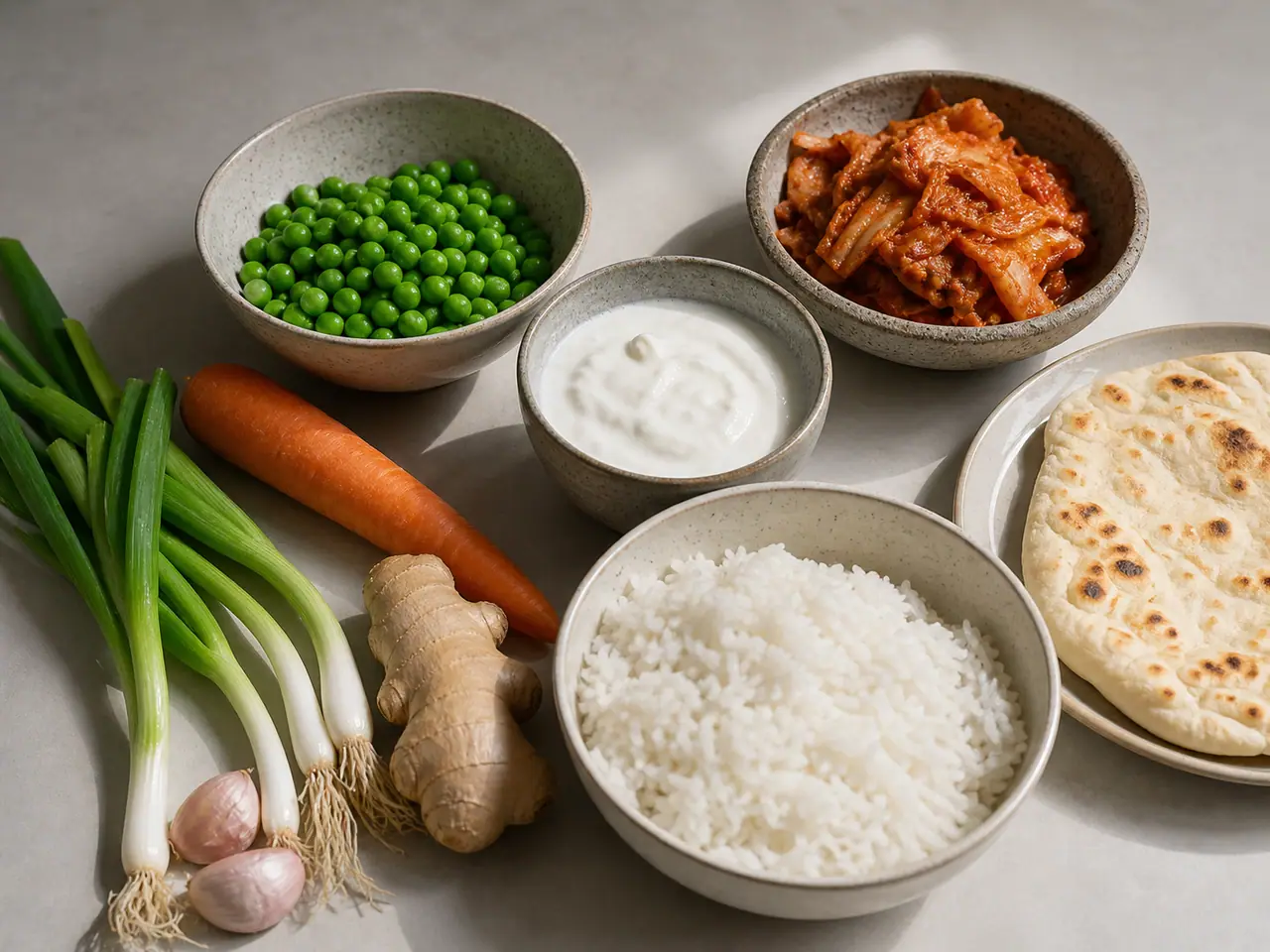Kimchi rice peas carrots ginger and spring onions ready for cooking