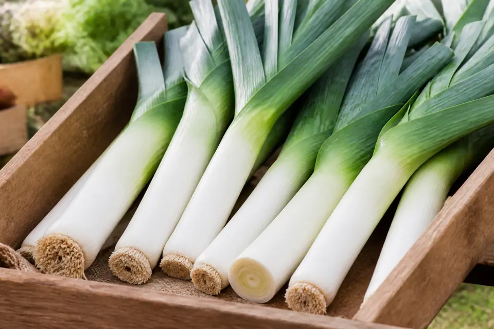 Fresh leeks with long white shafts in a wooden market crate