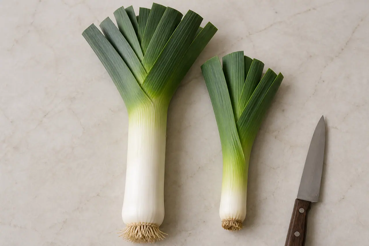 A thick leek with a long white shaft beside a mostly green leek