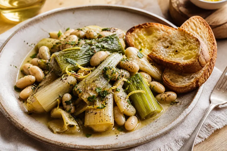 Braised leeks and white beans with lemon and toasted bread