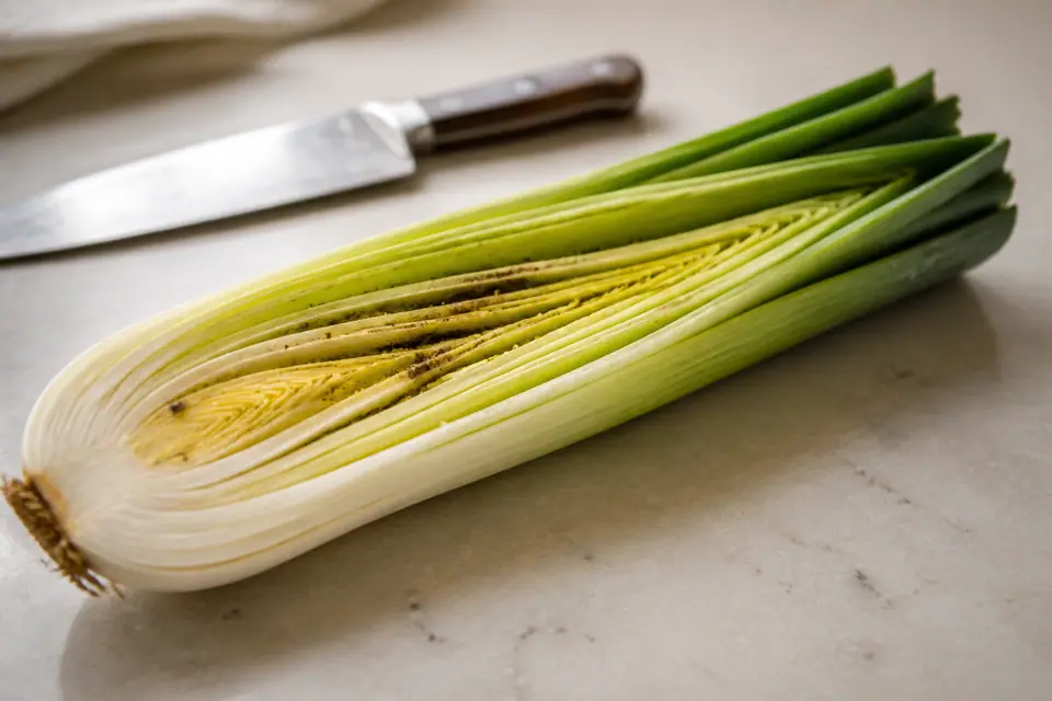 A leek cut lengthwise showing soil specks between its layers