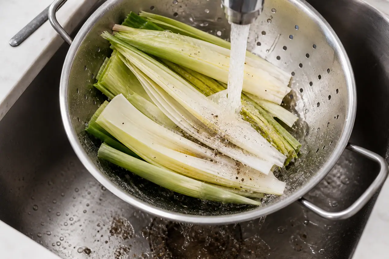 Sliced leek layers rinsing in a colander over a kitchen sink