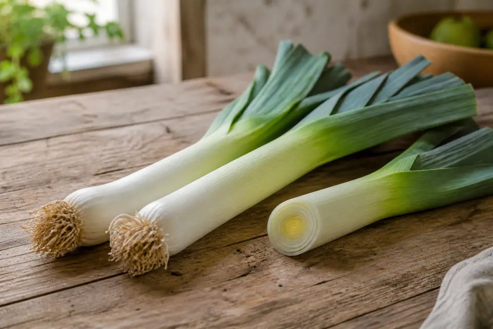 Leeks with pale white stems and layered green leaves on a wooden board