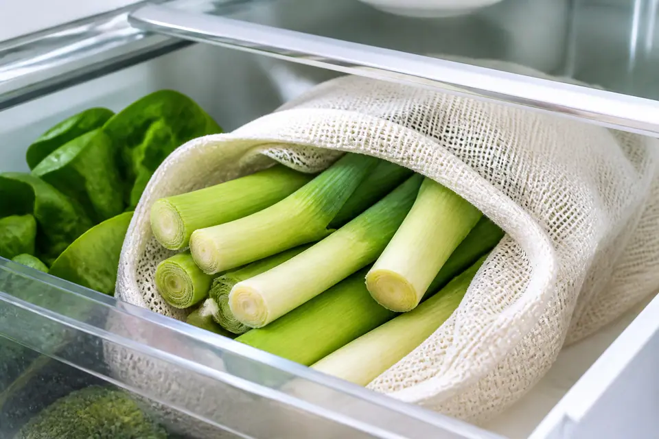 Trimmed leeks in a breathable bag inside a refrigerator drawer