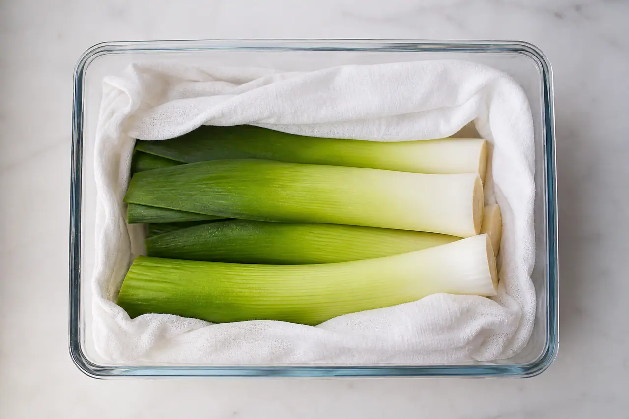 Trimmed leek halves wrapped loosely in a cloth beside a storage container