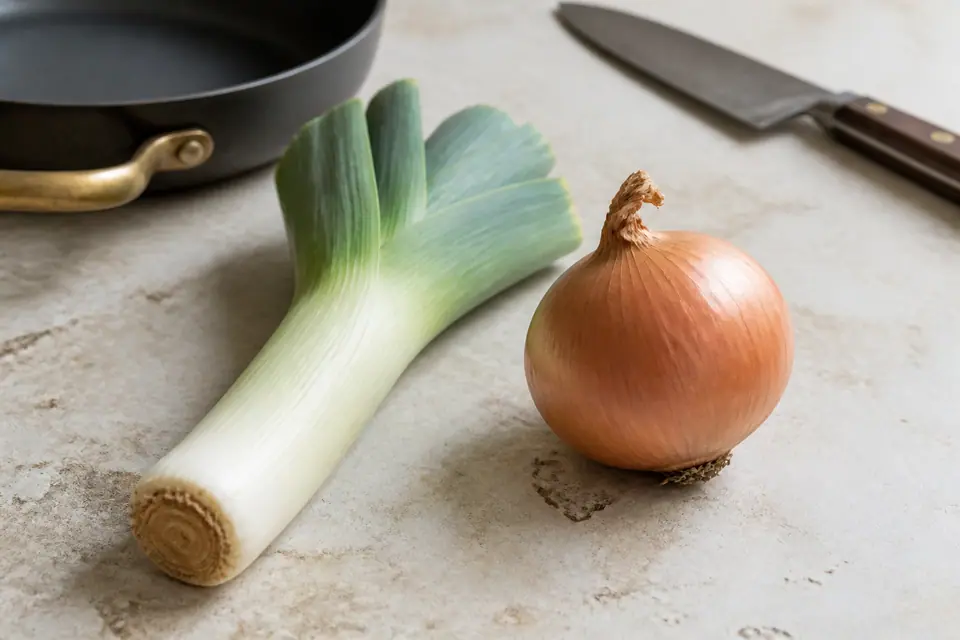 A trimmed leek and brown onion on a pale kitchen counter