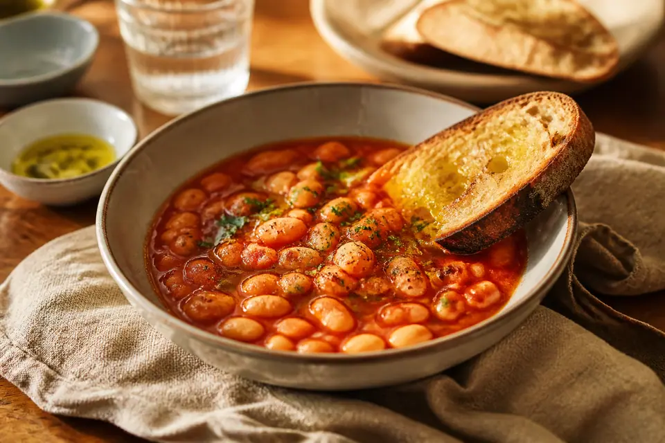 White beans in smooth tomato sauce with toasted bread