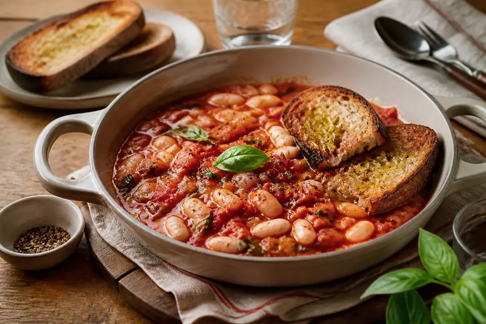 White beans in tomato sauce with toasted bread