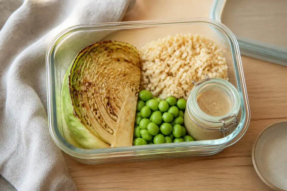 Packed lunch box with miso cabbage rice edamame and sesame dressing