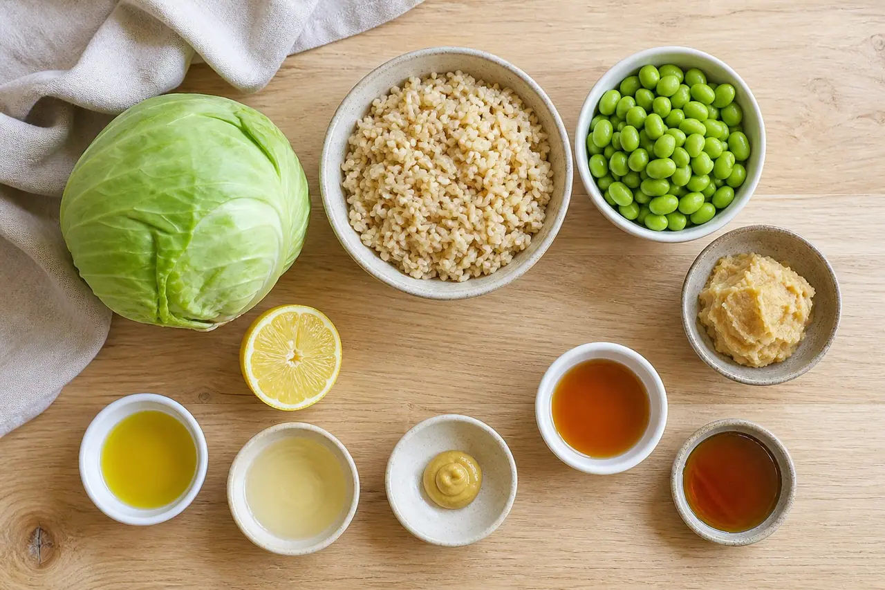 Cabbage brown rice edamame miso lemon sesame oil and mustard for lunch boxes