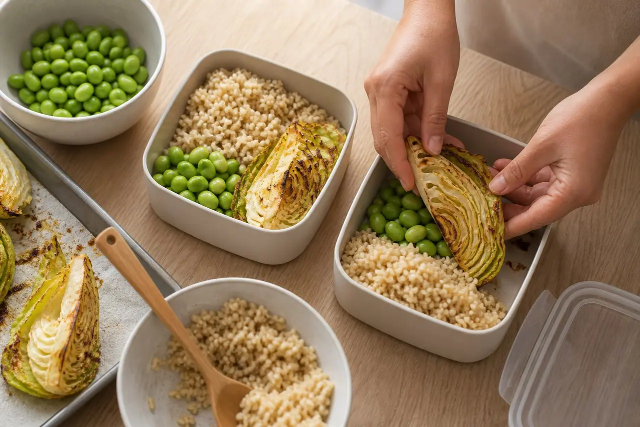 Hands dividing roasted cabbage rice and edamame between wide lunch containers