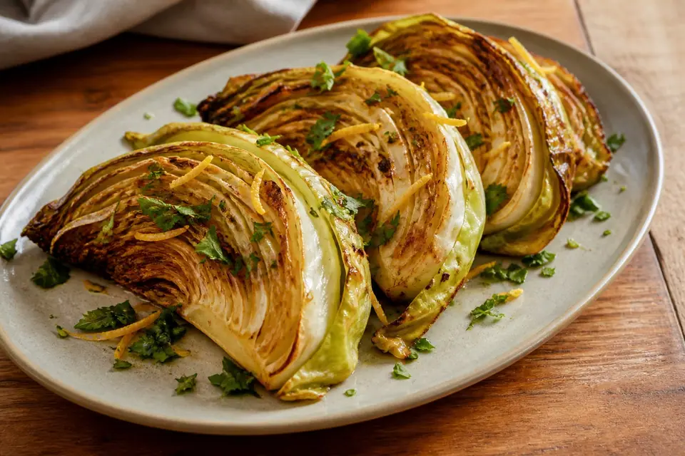 Reheated miso roasted cabbage wedges with lemon and herbs