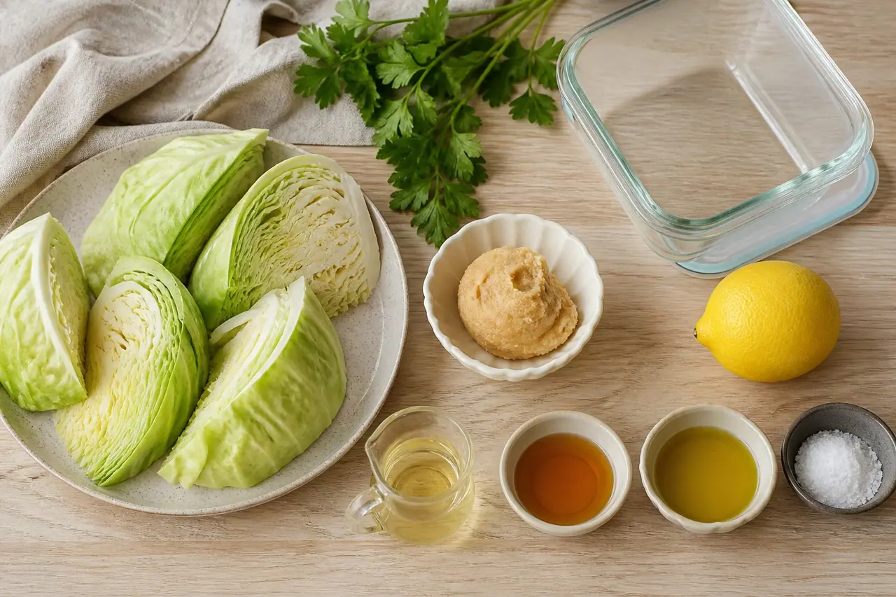 Cabbage miso lemon parsley vinegar oil and freezer container before cooking