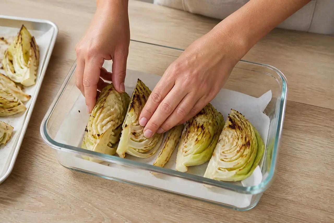 Hands arranging cooled roasted cabbage wedges in a flat freezer container