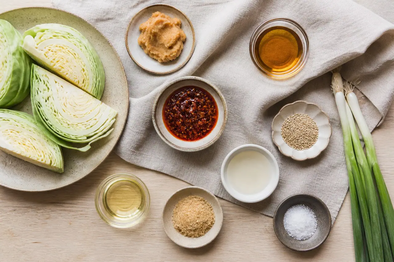 Cabbage miso chilli oil sesame spring onions vinegar and neutral oil
