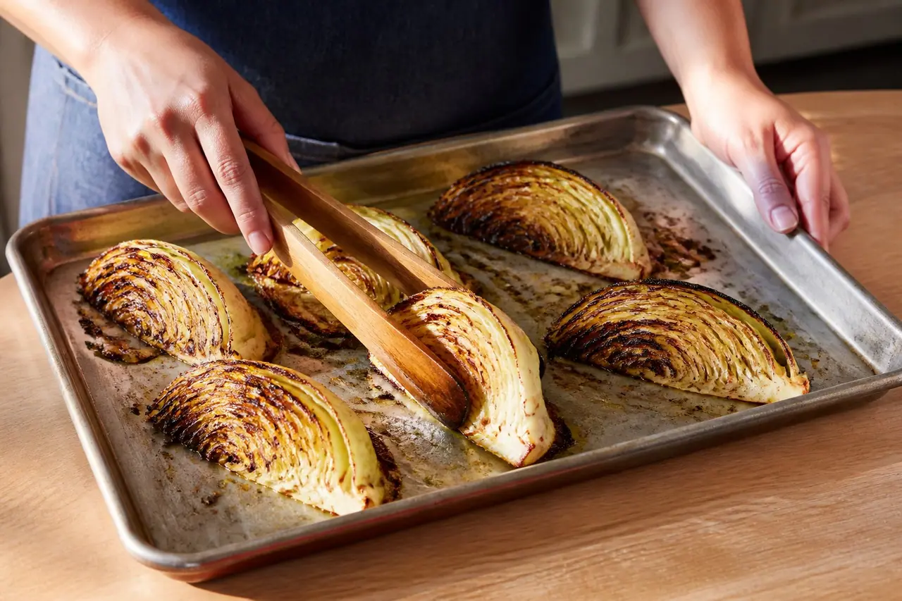 Hands turning deeply browned cabbage wedges with tongs on a roasting tray