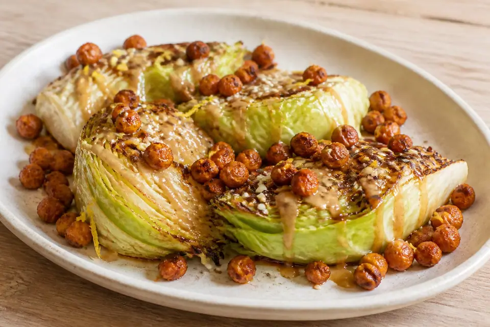 Miso roasted cabbage with crispy chickpeas and sesame