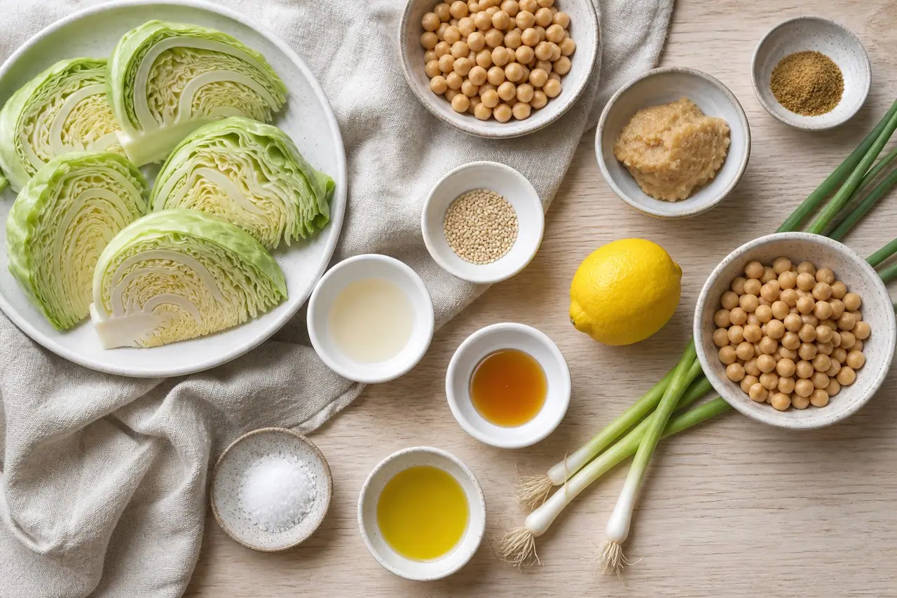 Cabbage chickpeas miso cumin sesame lemon and spring onions ready for roasting