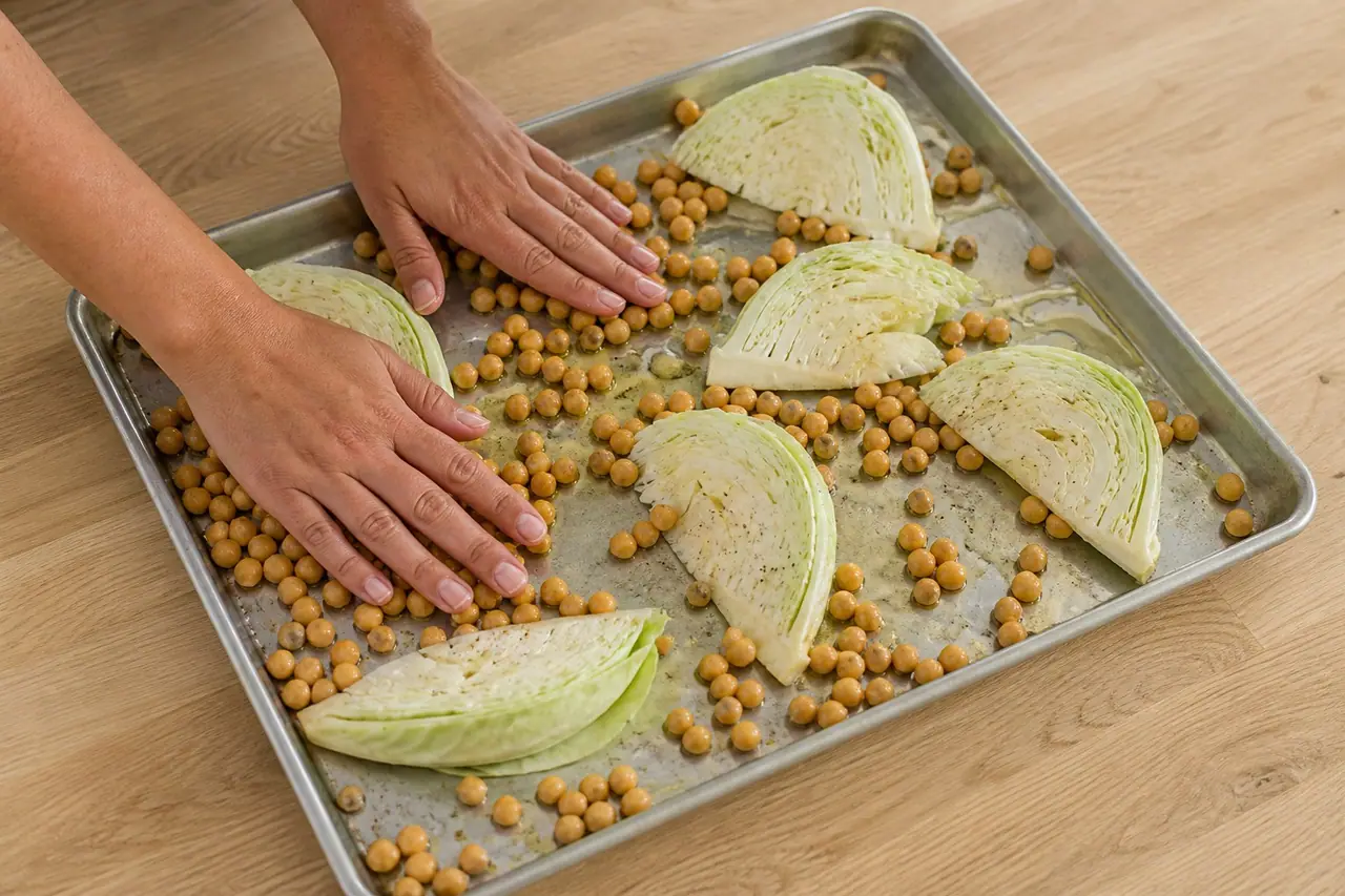 Hands spreading dried chickpeas beside cabbage wedges on a hot roasting tray