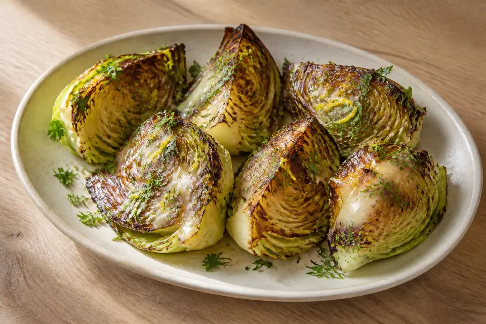 Miso roasted cabbage wedges with lemon parsley and dill