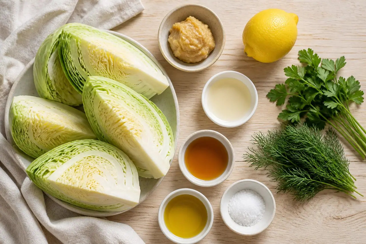 Cabbage wedges miso lemon parsley dill vinegar and oil before roasting