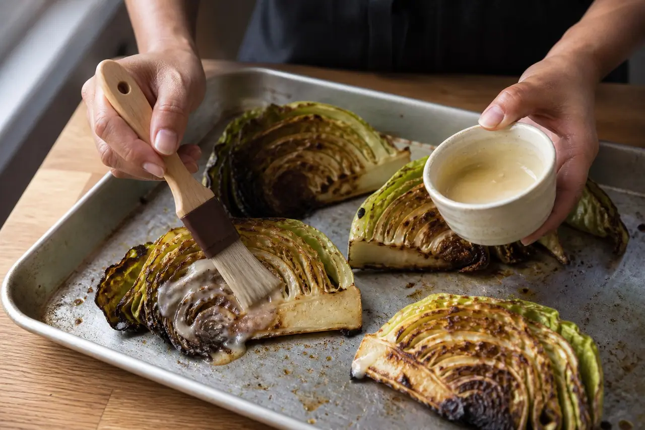 Hands brushing miso glaze over browned cabbage wedges on a roasting tray