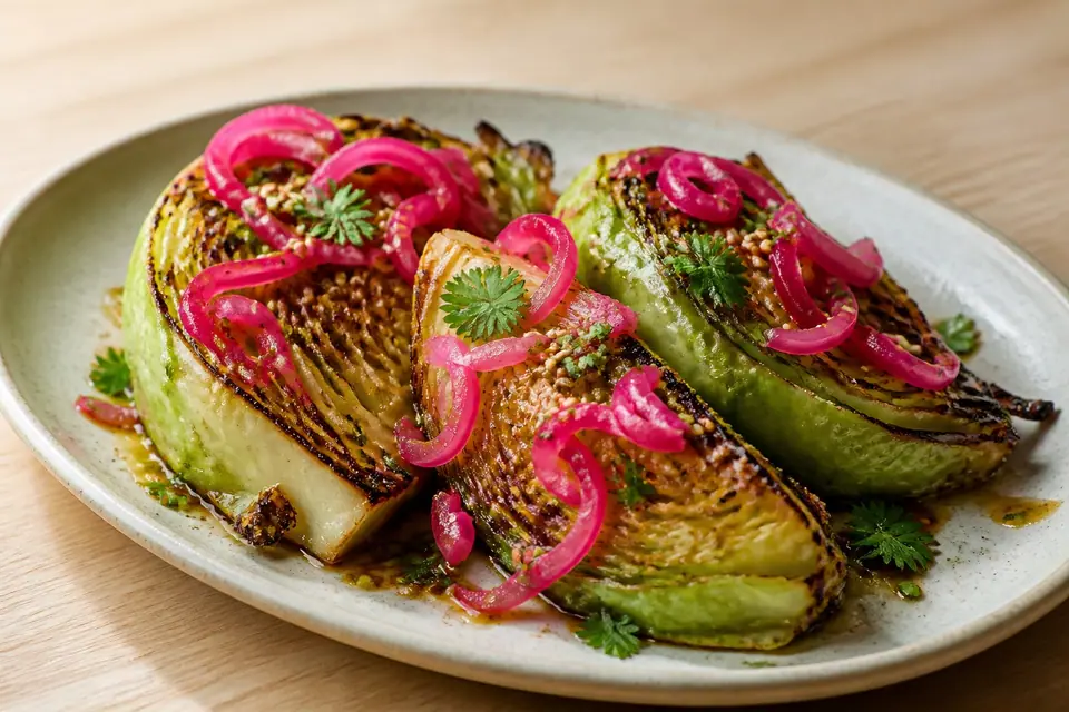 Miso roasted cabbage with pickled red onions herbs and sesame