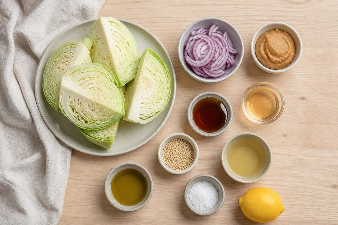 Cabbage red onion miso vinegar sugar sesame and oil arranged on a worktop