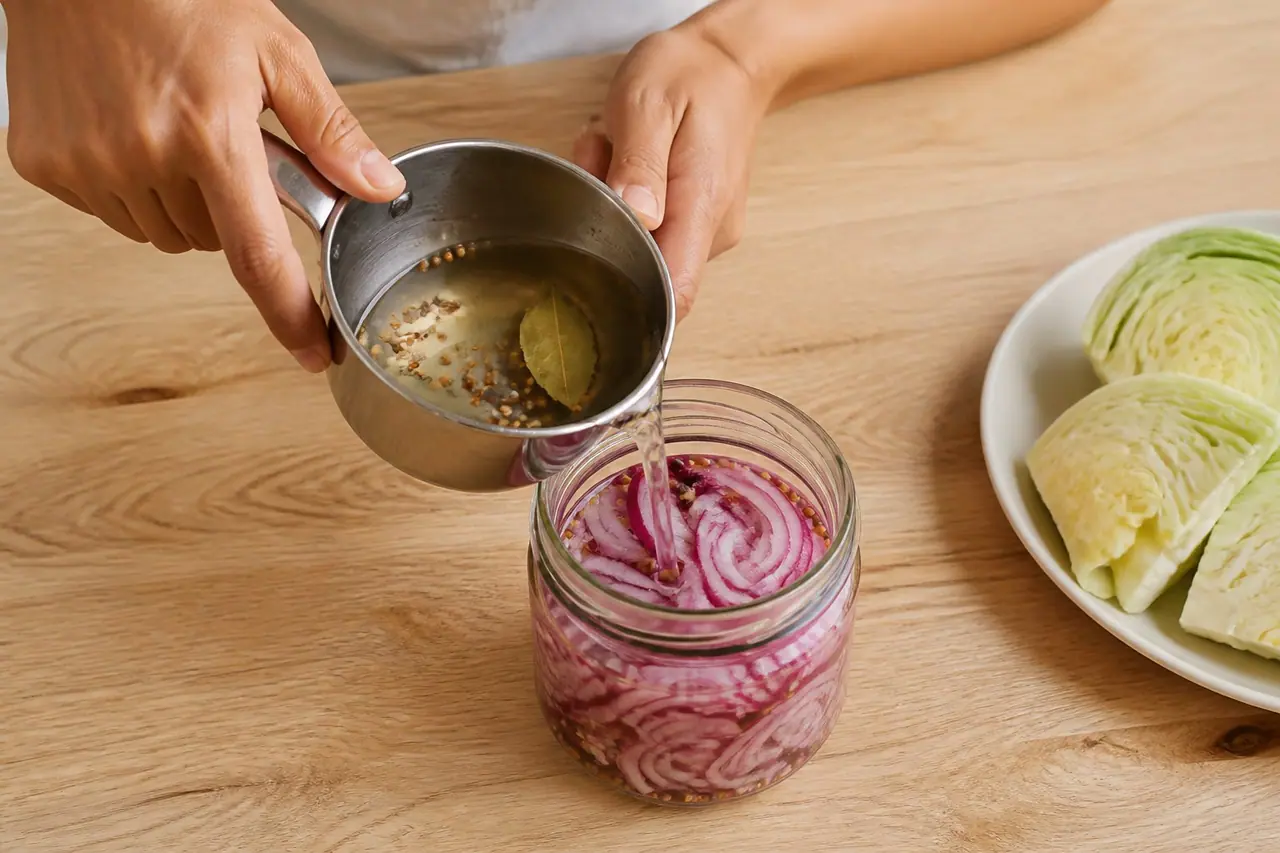 Hands pouring warm pickle over thinly sliced red onions in a glass jar