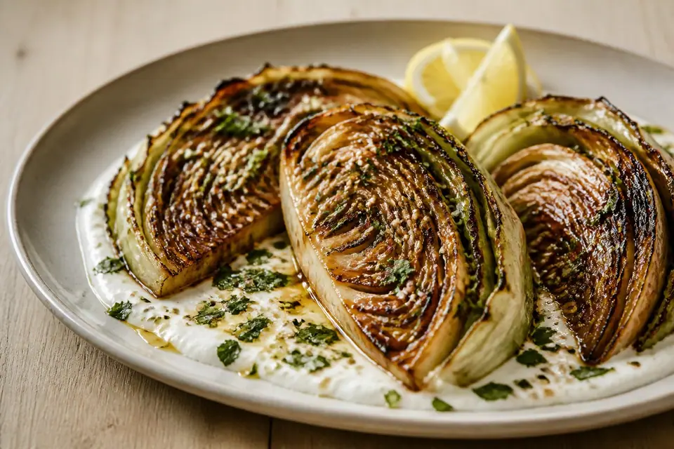 Miso roasted cabbage wedges with tahini dressing and herbs