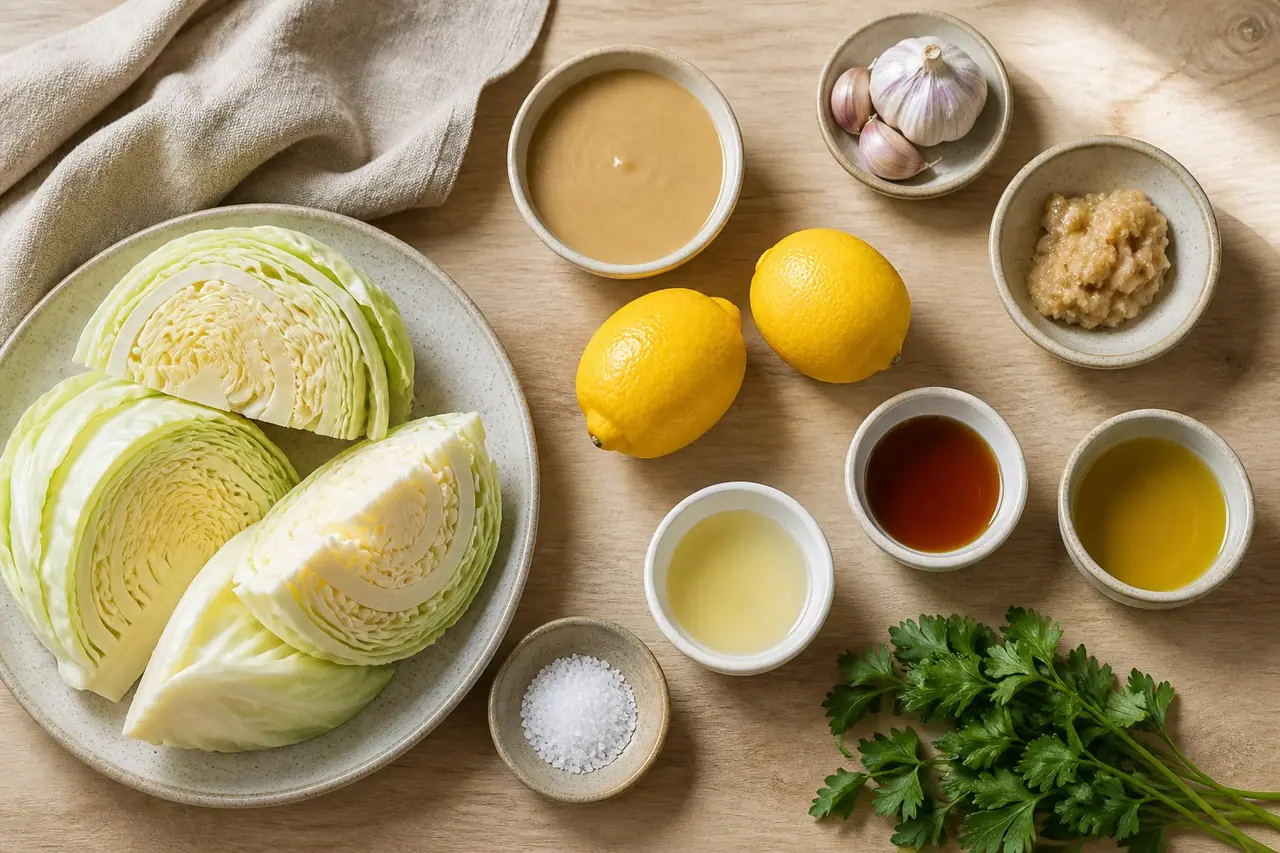 Cabbage miso tahini lemons garlic herbs and oil arranged for cooking