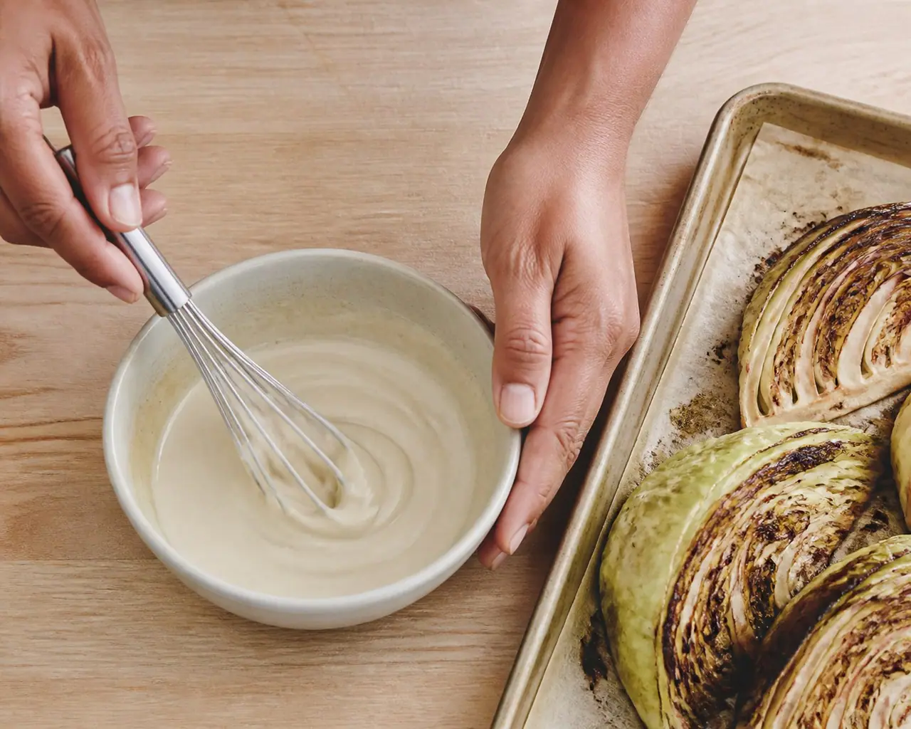 Hands whisking lemon tahini dressing beside browned cabbage wedges