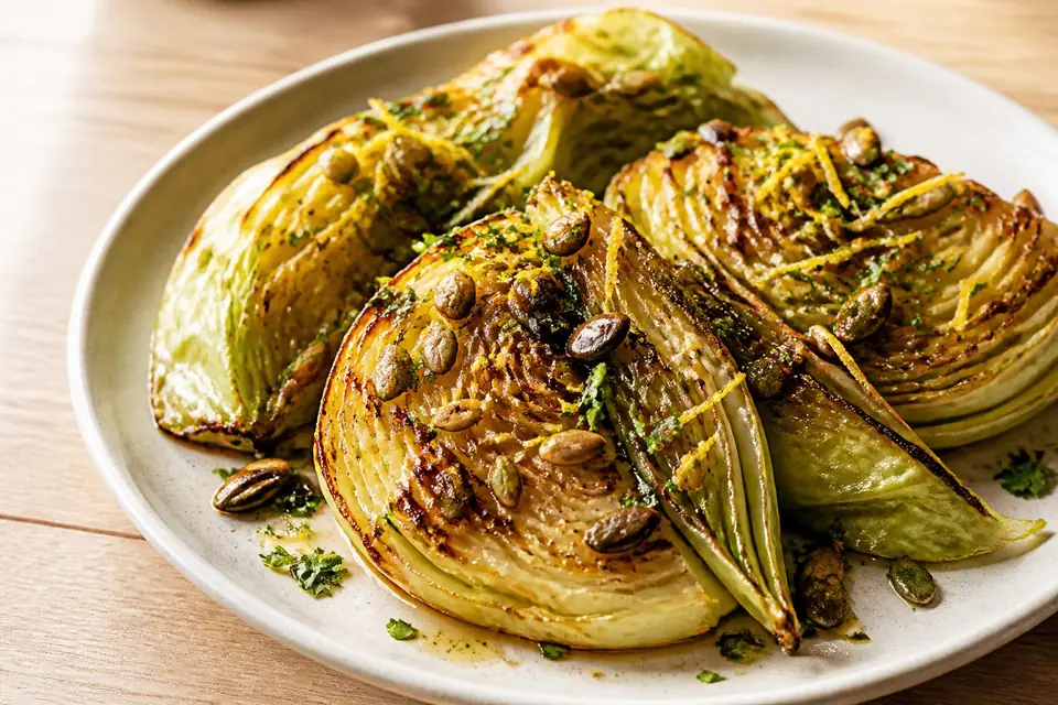 Miso roasted cabbage wedges with toasted pumpkin and sunflower seeds
