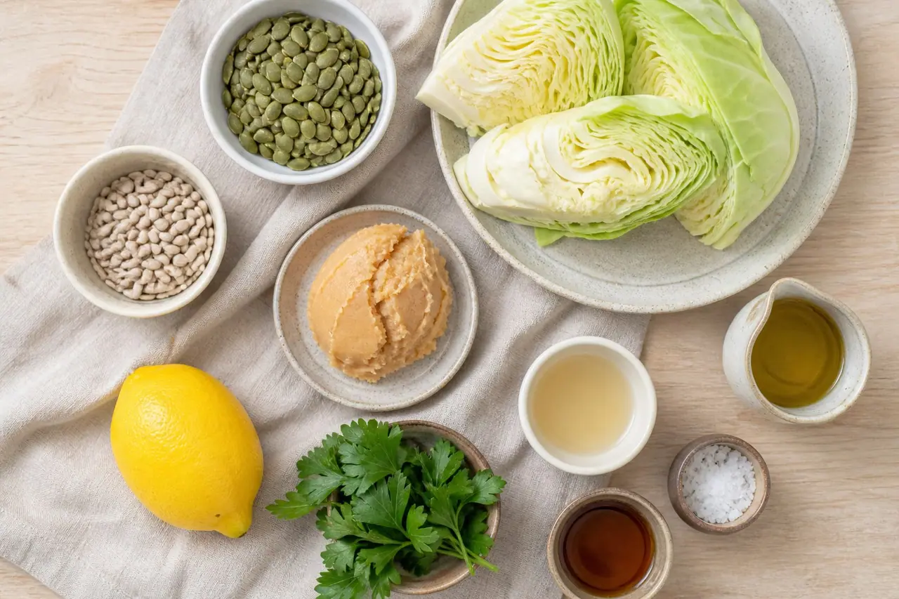 Cabbage miso pumpkin seeds sunflower seeds lemon parsley and oil before cooking