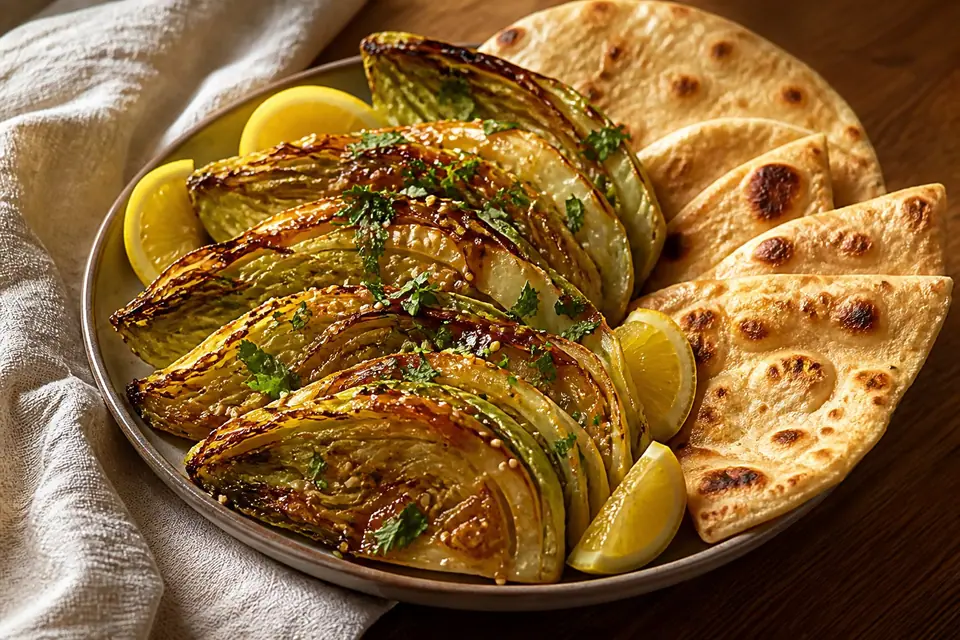 Miso roasted cabbage with warm flatbread lemon and herbs