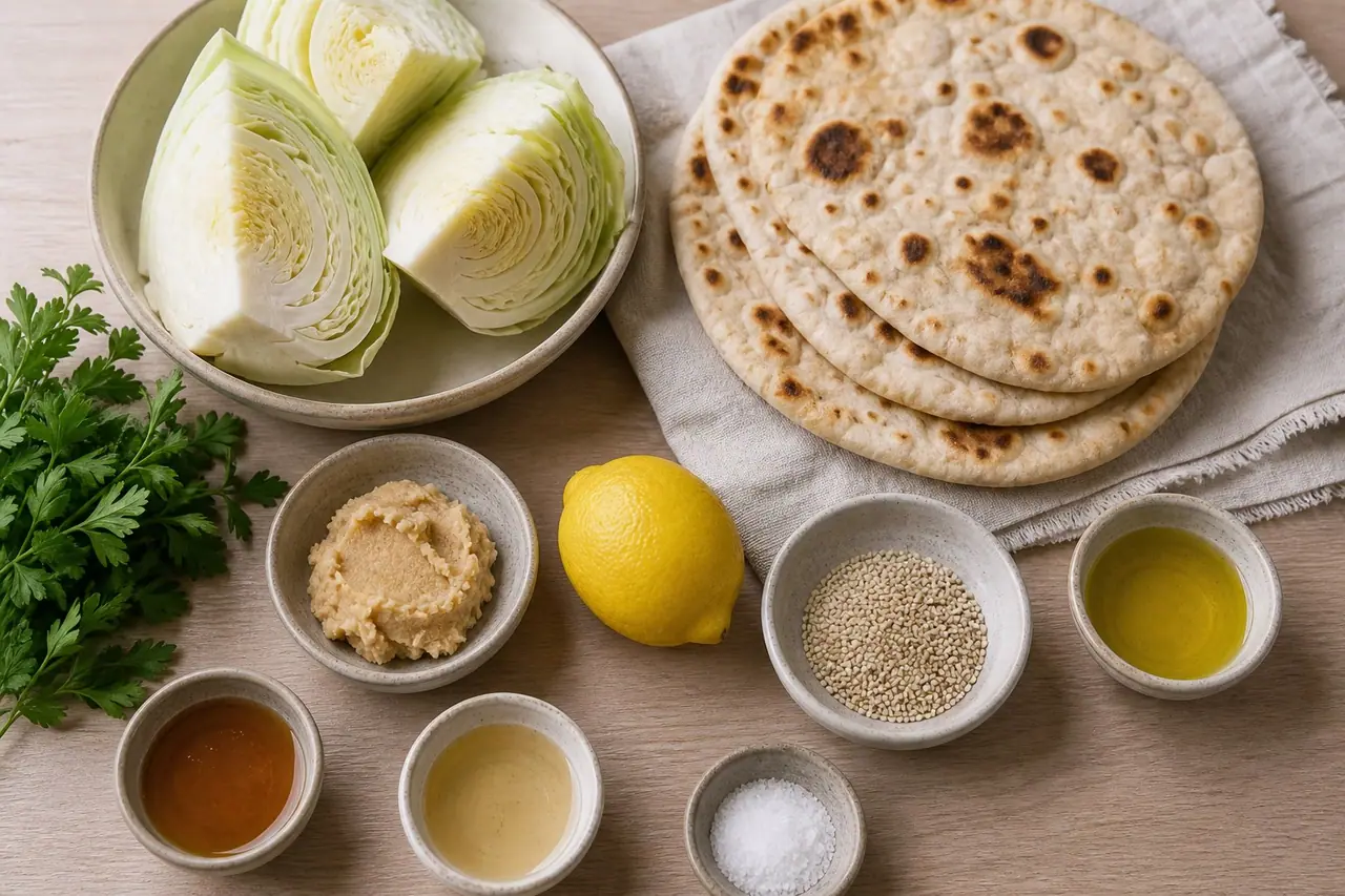 Cabbage flatbreads miso lemon parsley sesame vinegar and oil before roasting