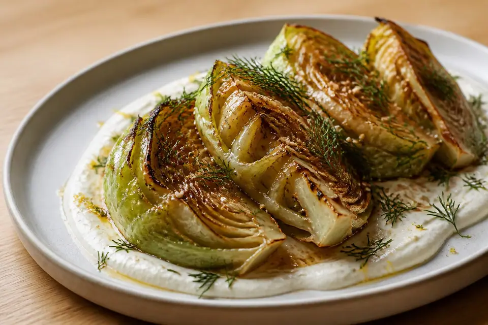 Miso roasted cabbage with lemon yogurt herbs and sesame