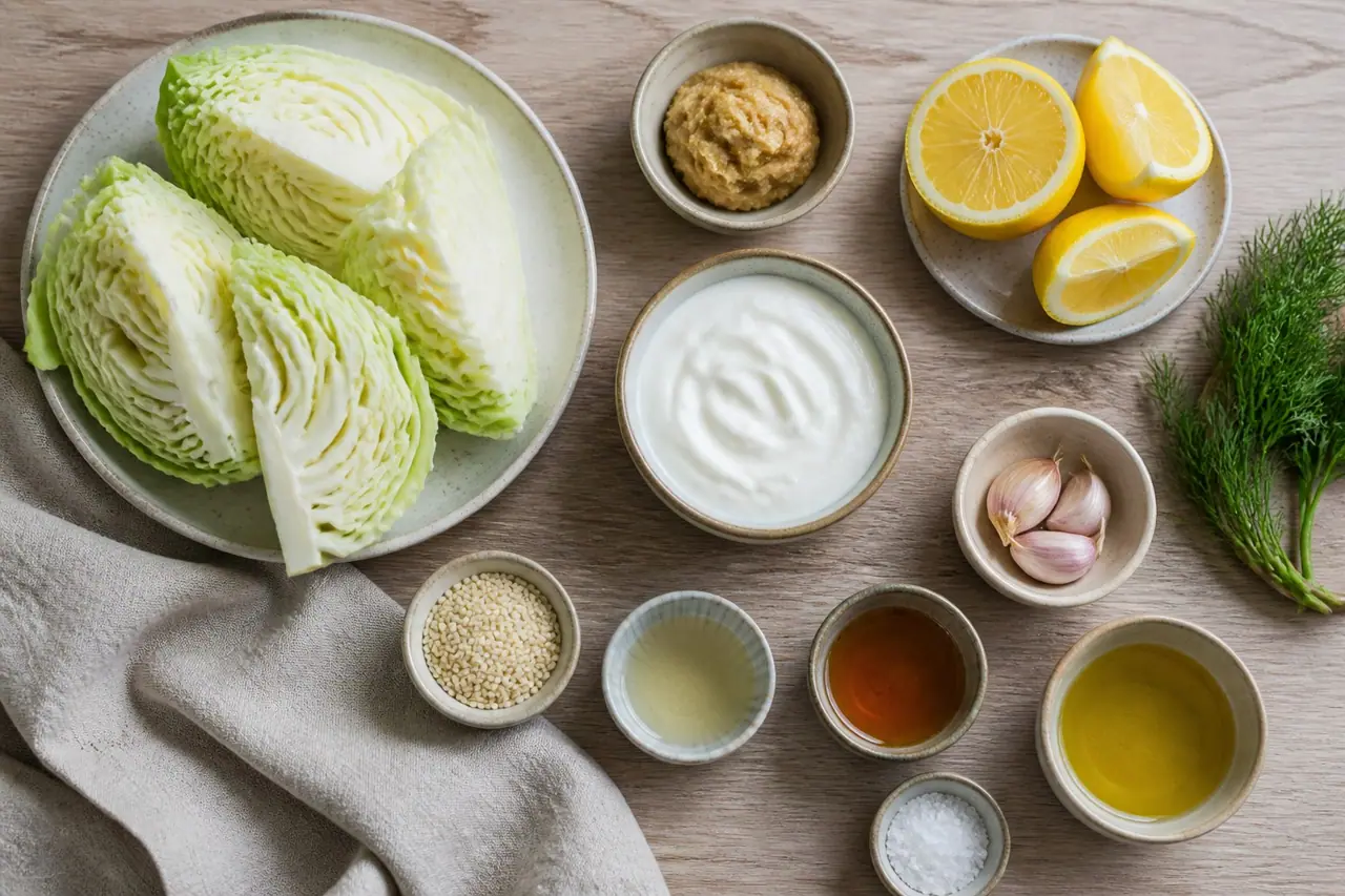 Cabbage Greek yogurt miso lemon garlic dill sesame and oil ready for cooking
