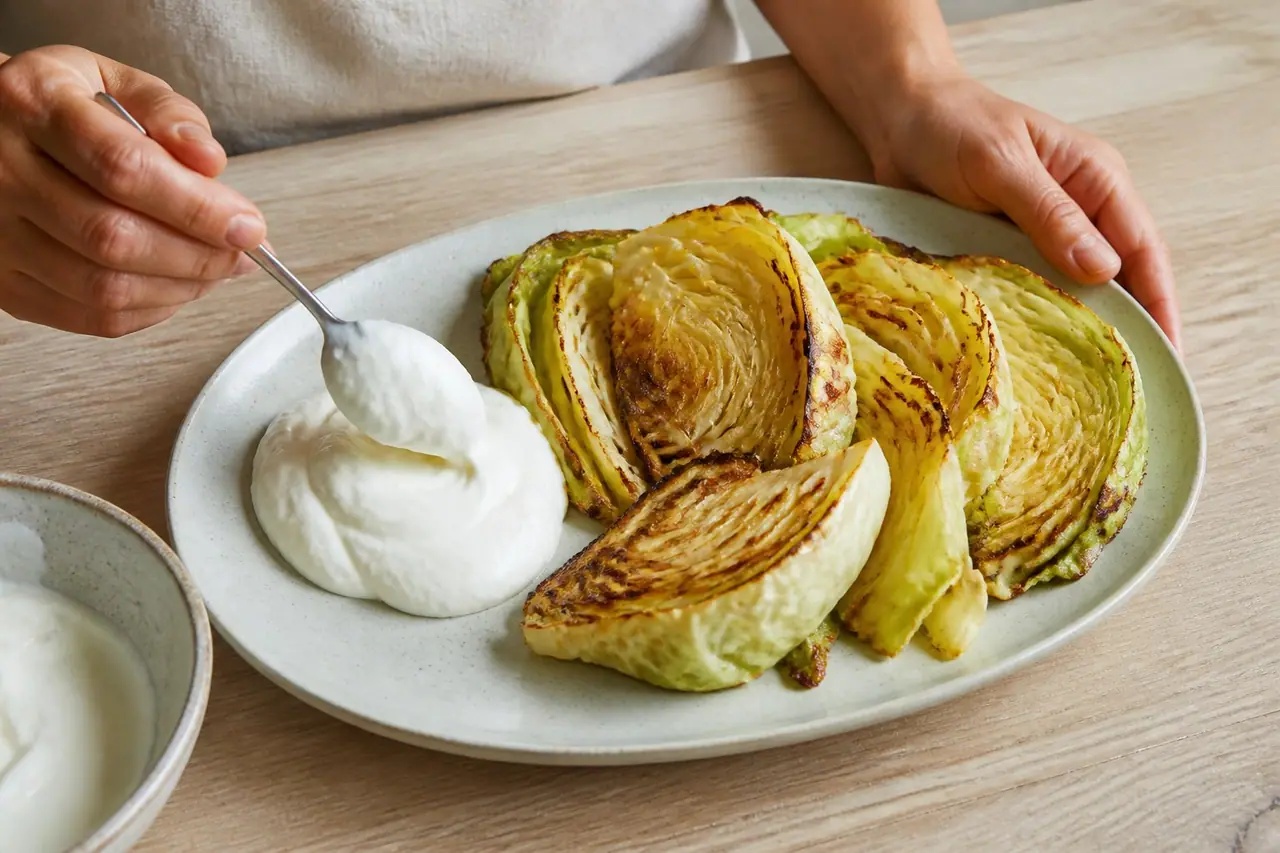 Hands spooning lemon yogurt onto a platter beside browned cabbage wedges
