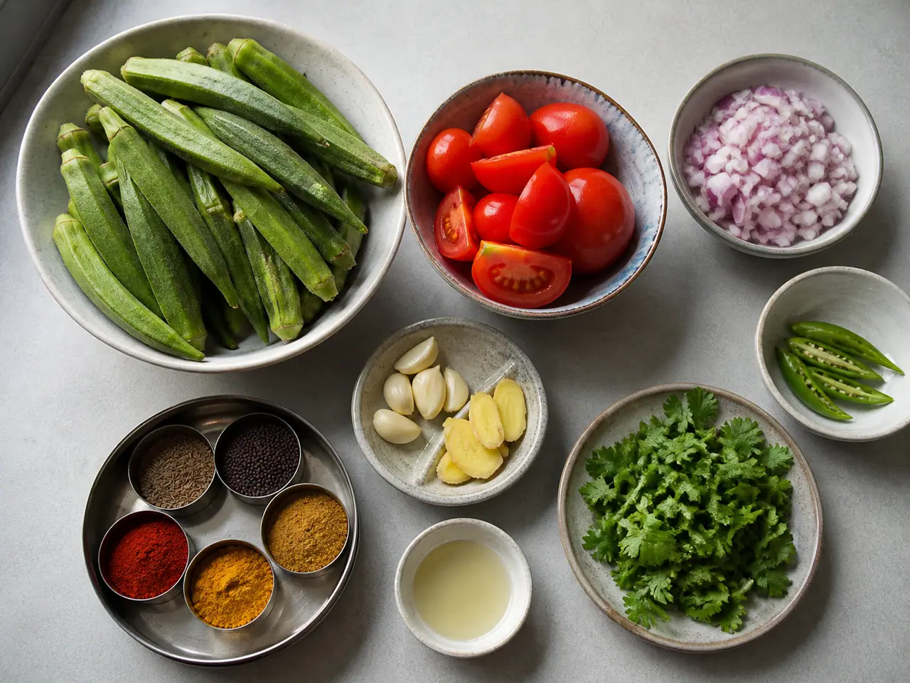 Okra tomatoes ginger spices and a one-pan rice accompaniment ready for cooking