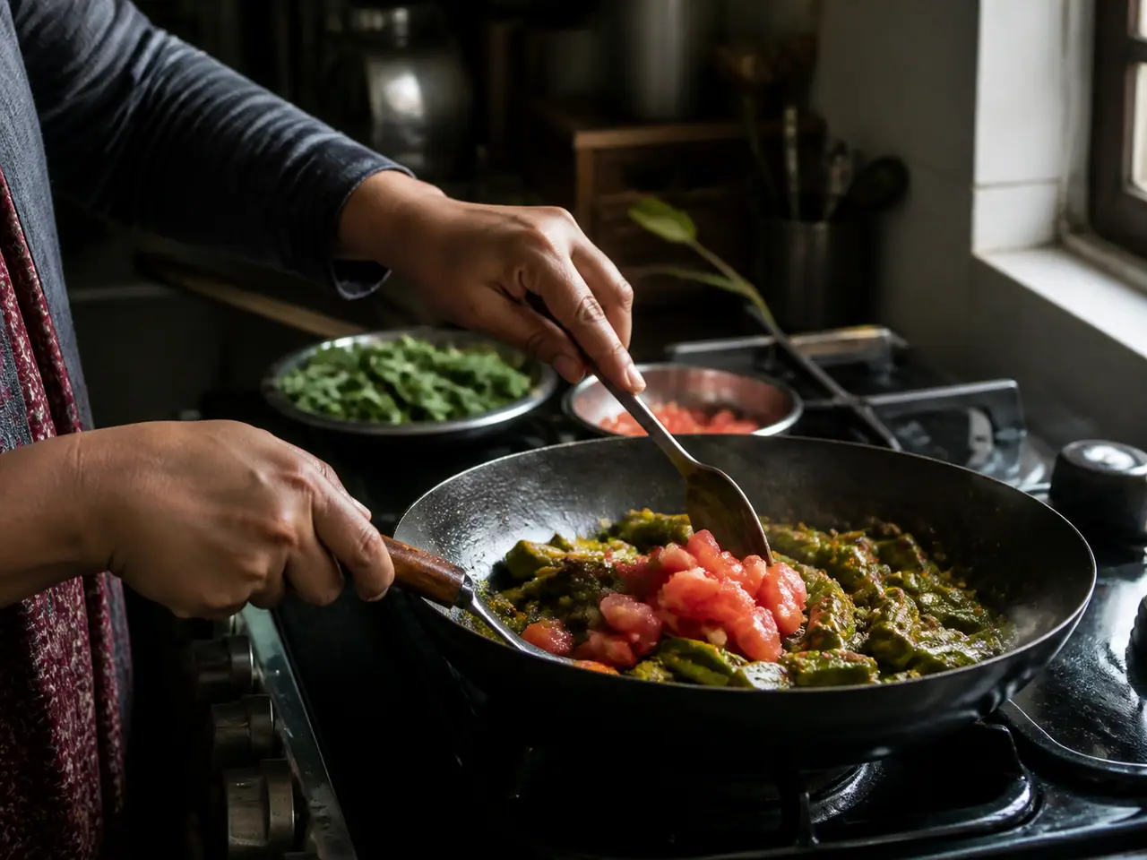 Hands turning dry-seared okra pieces in a wide frying pan