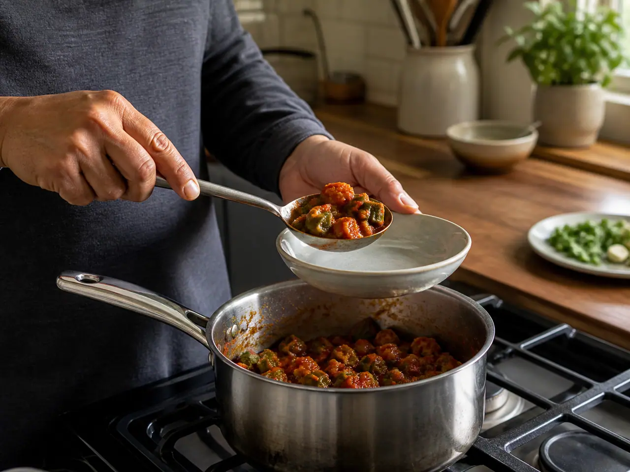 Hands turning dry-seared okra pieces in a wide frying pan