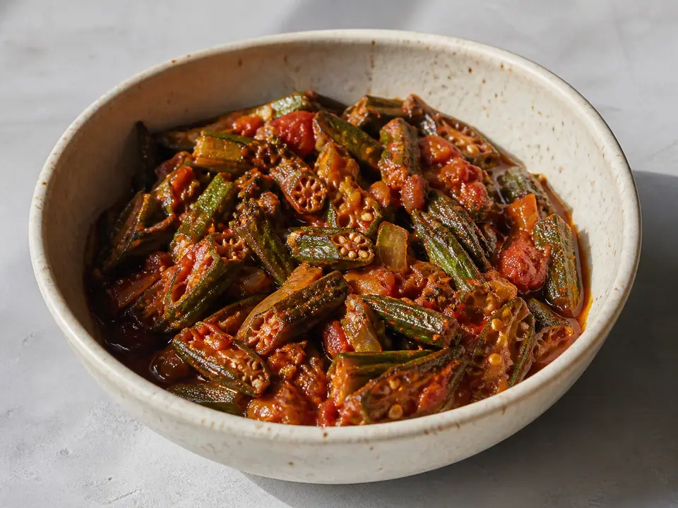 Okra tomato masala with ginger chilli oil