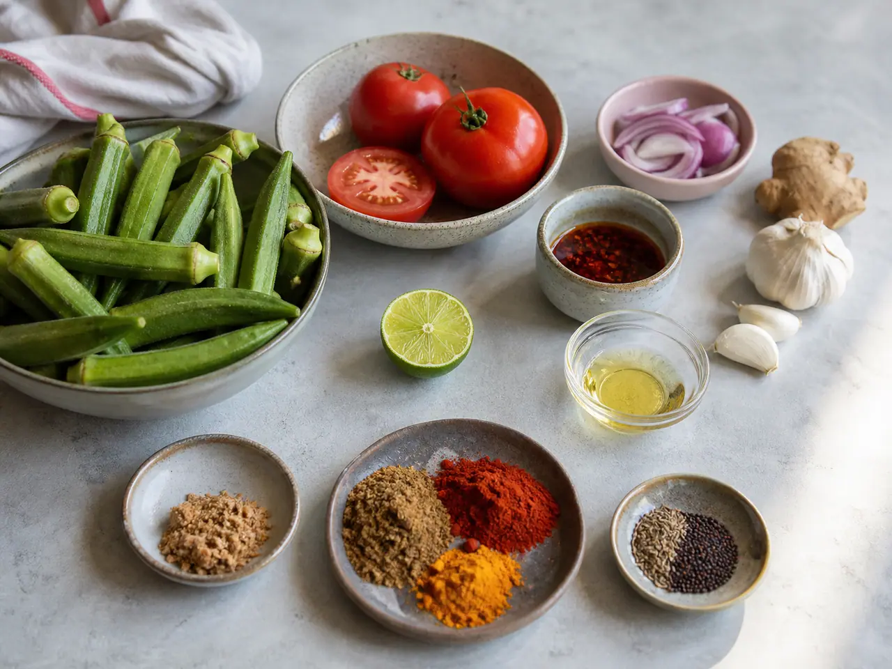 Okra tomatoes ginger spices and ginger chilli oil ready for cooking