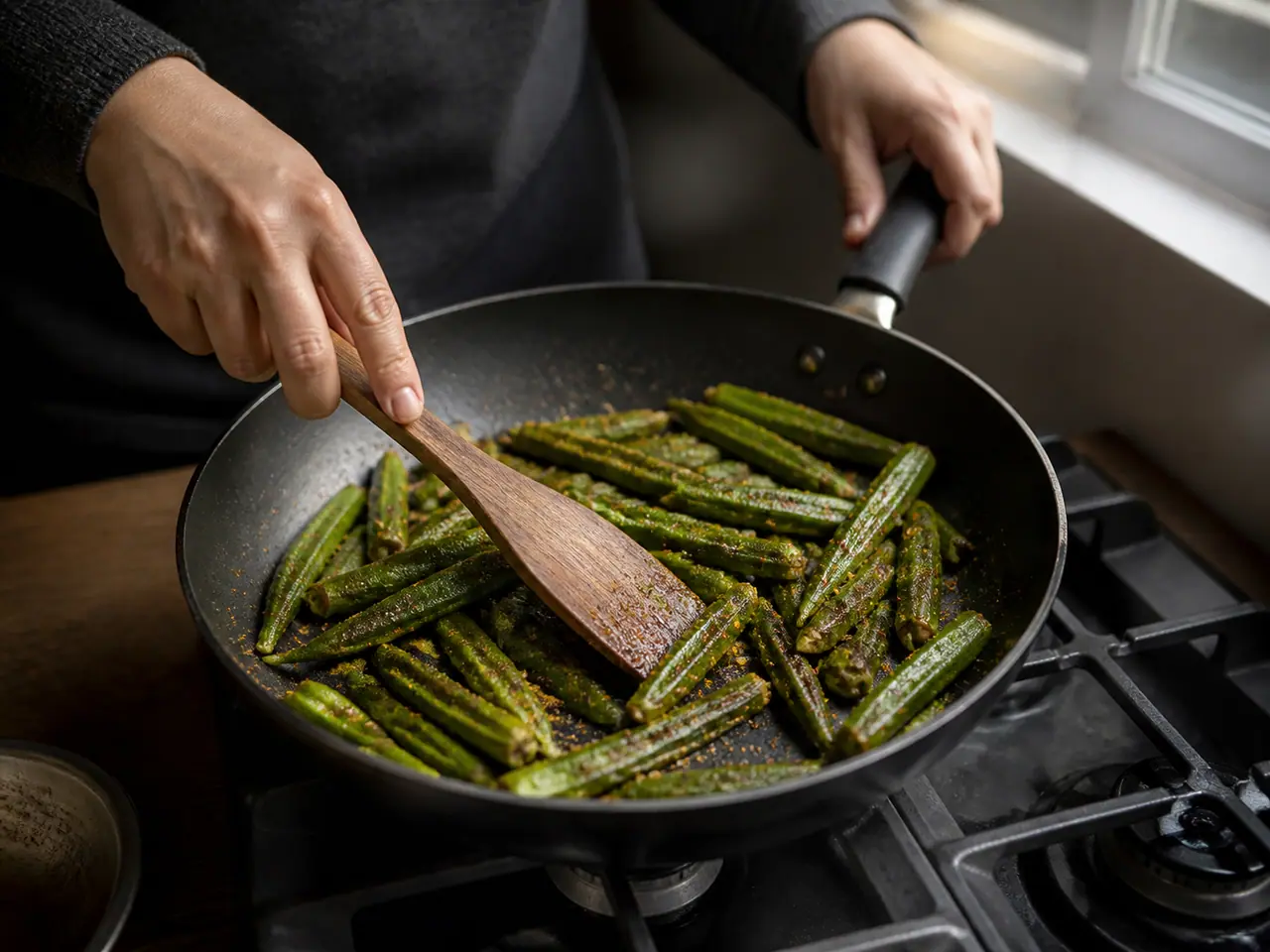 Hands turning dry-seared okra pieces in a wide frying pan