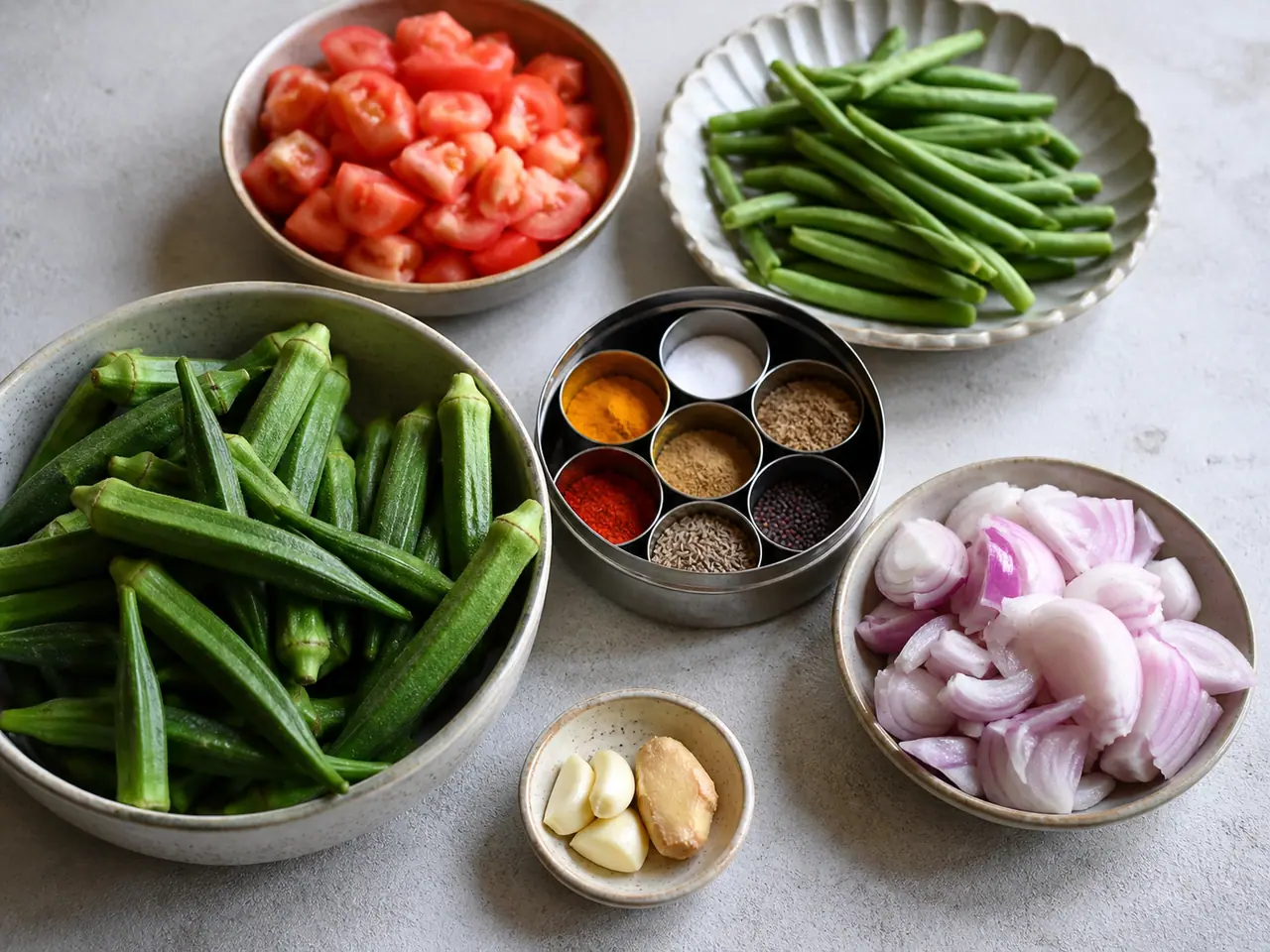 Okra tomatoes ginger spices and crispy butter beans ready for cooking