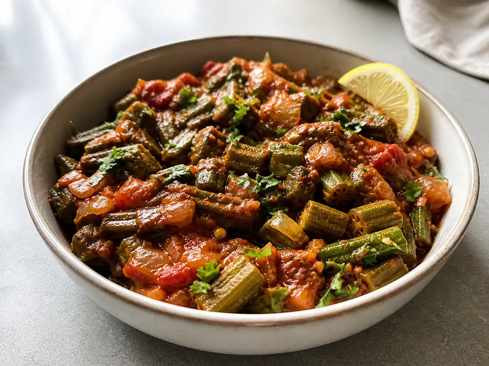 Okra tomato masala with lemon and coriander