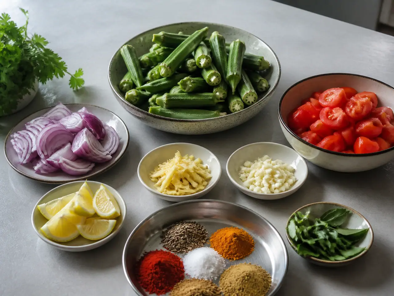 Okra tomatoes ginger spices and lemon and coriander ready for cooking